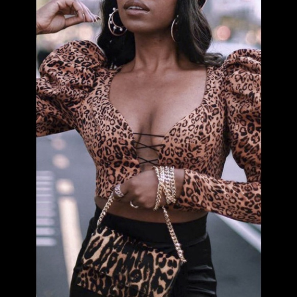 Leopard Print Hollow-out Backless Bustier al hubba Bubba Back Zipper Blouse